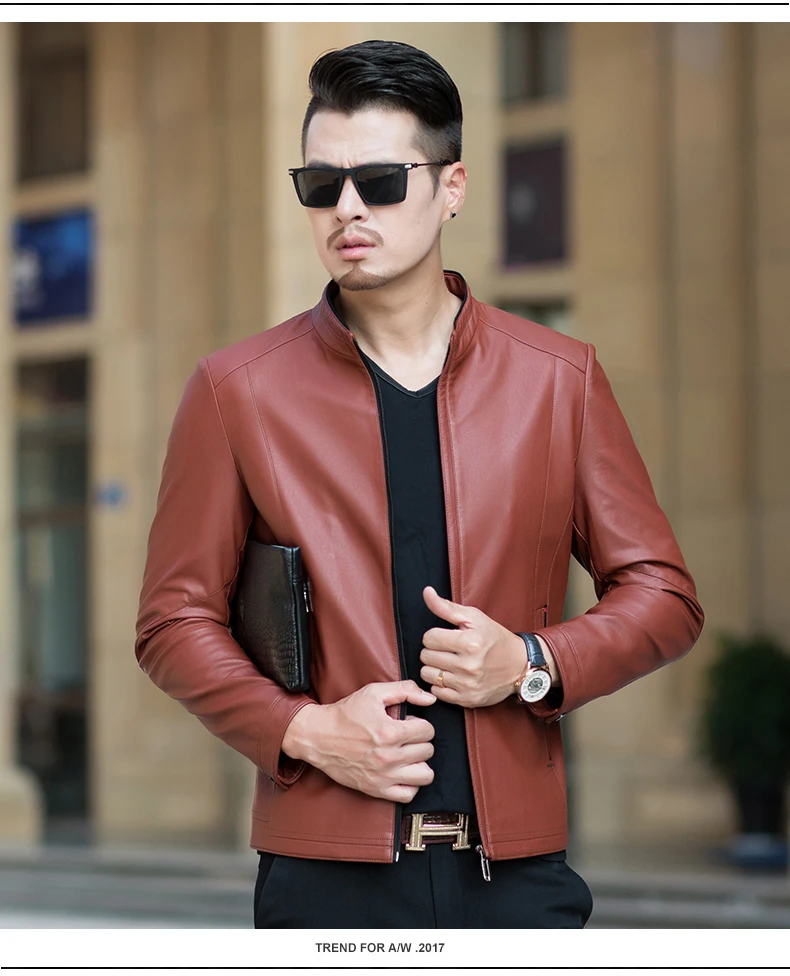 Men Casual Imitation Leather Jackets Stand Collar Zipper Outerwear Black Dark Green Orange Man Faux Leather Coat Motorcycle Bomber Jacket (12)