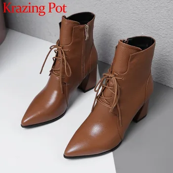 

2018 new arrival ntural leather large size thick high heels pointed toe oxford british style zip high fashion chelsea boots L13