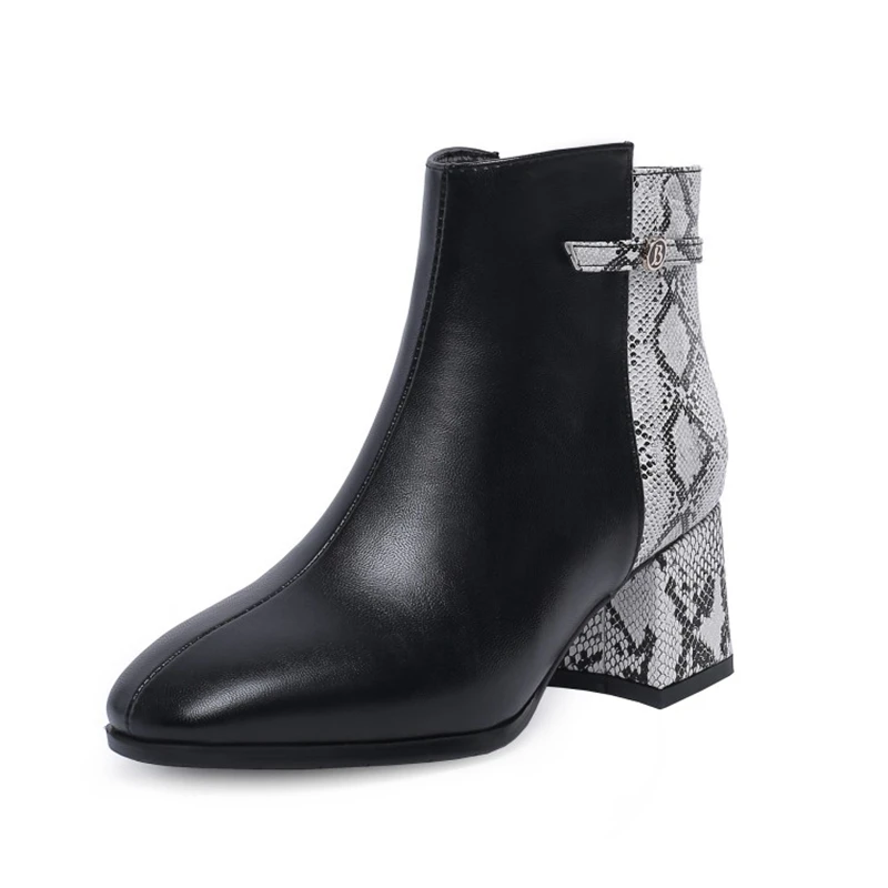 ORCHA LISA/Новые пикантные ботильоны на массивном каблуке; короткие ботинки с принтом змеиной кожи; элегантные ботинки на молнии; женская обувь; женские ботильоны - Цвет: Black