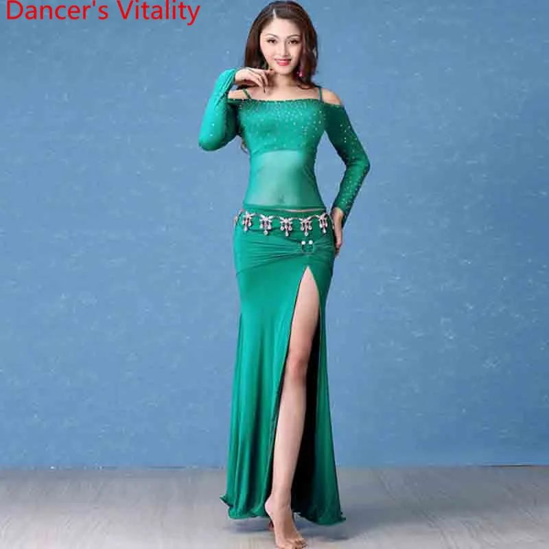 

Winter Belly Oriental Indian Dance Costume Diamond Perspective Top Ruffled Hem Skirt Set Woman Lady Girls Dancewear Clothes Suit