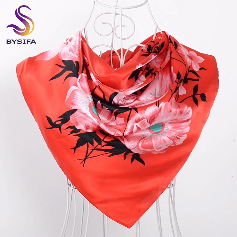 Стиль женский атласный красный большой квадратный шелковый шарф с принтом, горячая распродажа женский кофейный шелковый шарф для лета, осени 90*90 см - Цвет: red floral
