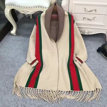 new winter fashion big brand European American TB fringe cloak shawls coat hit color striped tassel female knit cardigan sweater