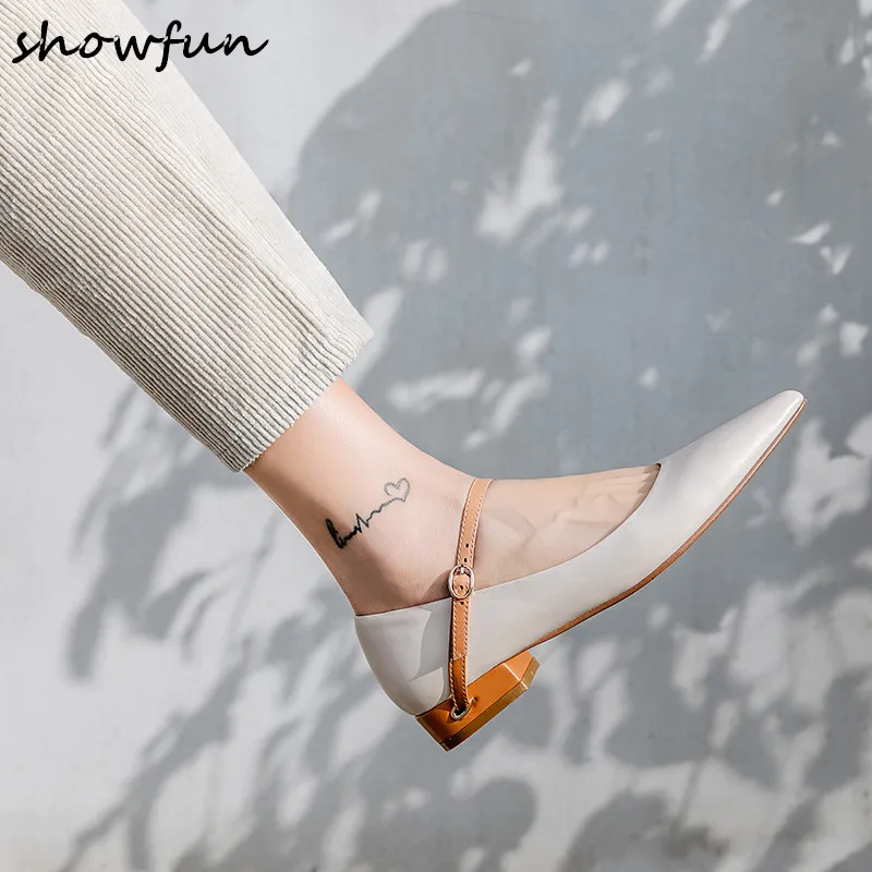 

Women's genuine leather ankle strap flats mary jane flats brand designer pointed toe leisure spring new leisure daily shoes sale