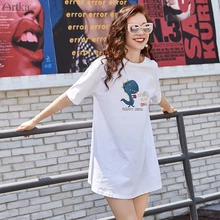 ARTKA летняя Хлопковая женская футболка, Милая футболка с принтом динозавра, разноцветная футболка с рисунком, Повседневная Свободная футболка TA12591X