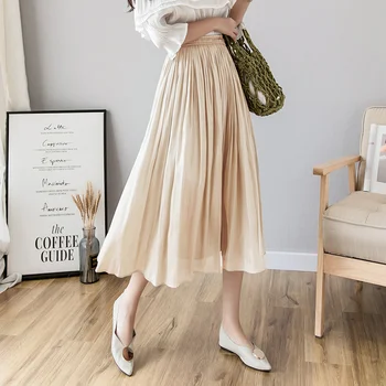 

2019 Fashion Summer Women Metallic Cupro Luster Silk Mid-calf Skirts Elastic Waist Soft Draped Pleated Long A-line Skirts Faldas