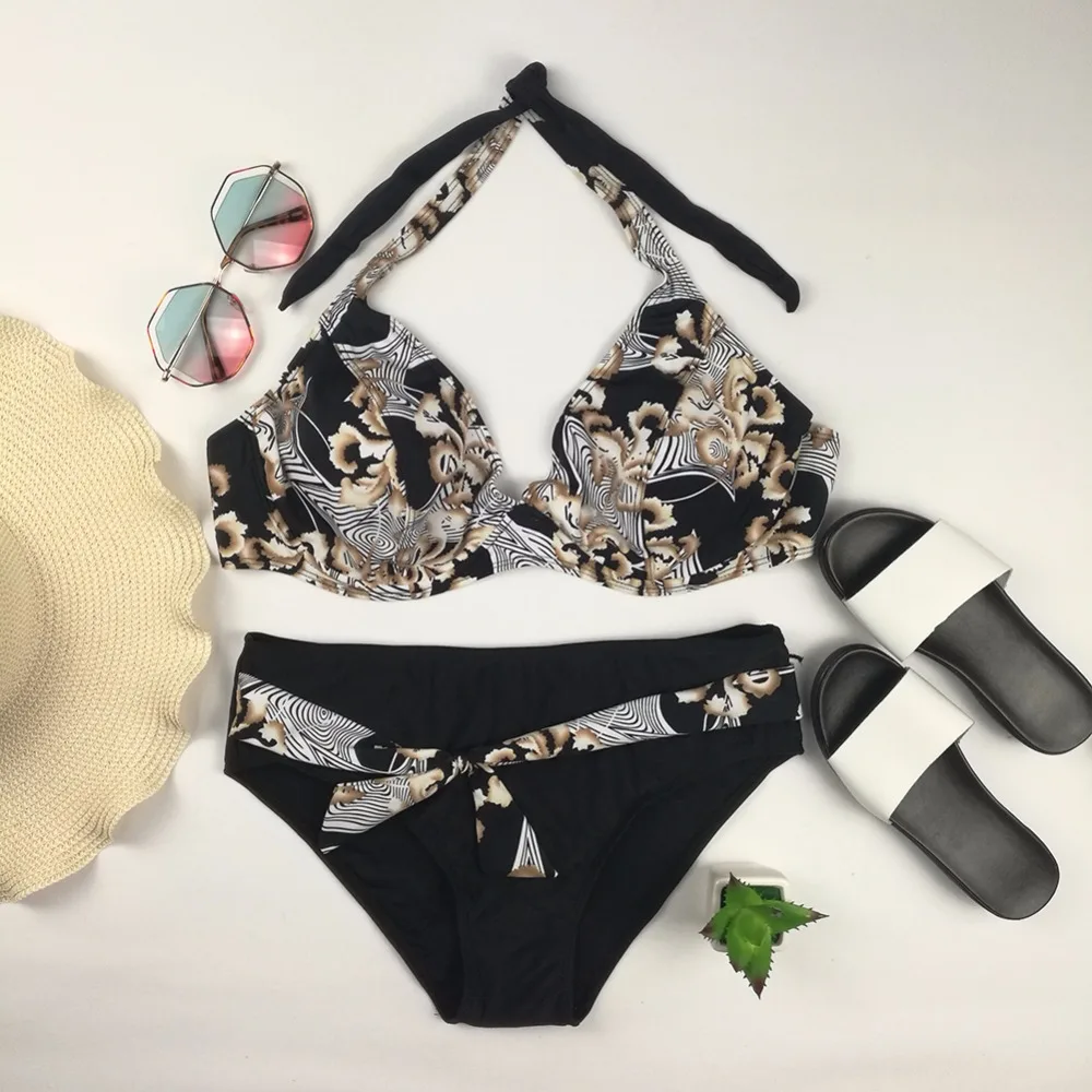 Billige Plus Größe Bikini Set 6XL Sexy Strand Bademode Frauen Hohe Taille Halfter Badeanzug Floral Print Bandage Sommer Brasilianische Badeanzug