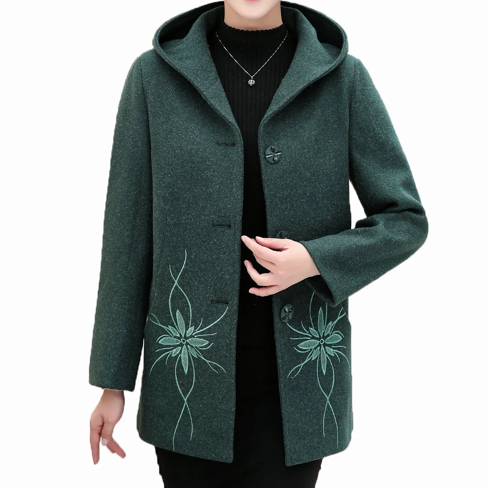 

Women Winter Wool Blend Hooded Coats Female Flower Embroidery Tweed Overcoat Woman Elegant Thicken Quilted Hood Tweed Outerwear