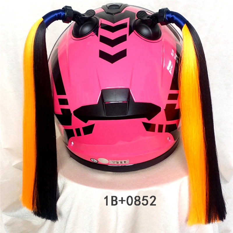 Мотоциклетный шлем в стиле панк, 15 дюймов, конский хвост, плетеная прямая оплетка, рожок, мотоциклетный Женский шлем для косплея, модная оплетка, наклейка - Цвет: Yellow and Black