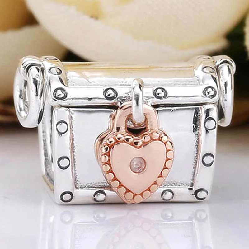 

New 925 Sterling Silver Bead Charm Treasure Box With A Rose Padlock Set 2019 CLUB Beads Fit Pandora Bracelet Bangle Diy Jewelry