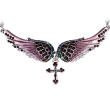 Ala del ángel de la cruz collar mujeres biker joyería regalos W/crystal ajustable plateado plata antigua NC01 dropshipping al por mayor