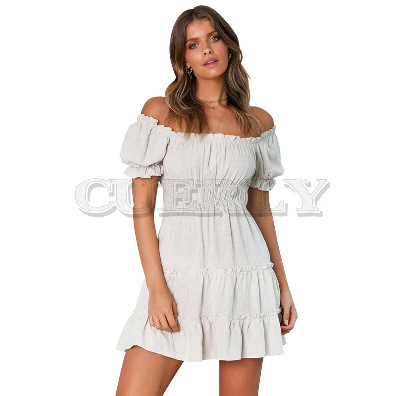 

CUERLY Boho Women Summer Dresses vantige Short Lante Sleeve Decorative Dress retro Vestidos Bohemia Slash neck Ruffles dresses