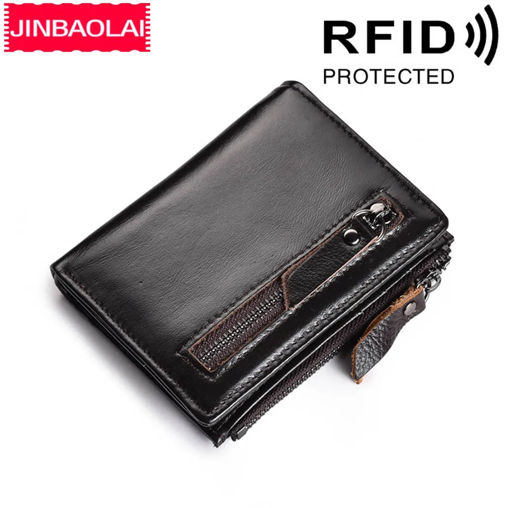 JINBAOLAI RFID мужские короткие кошельки из натуральной кожи на молнии, кошельки, держатель для карт, карман для монет, винтажные высококачественные Брендовые мужские кошельки