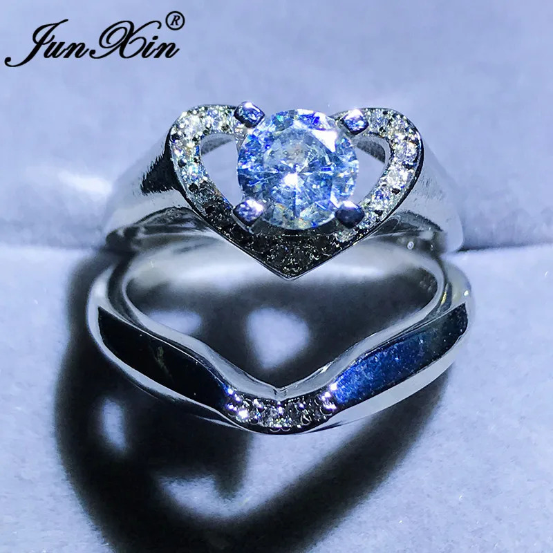 JUNXIN Brand Female White Crystal Wedding Ring Set 925 Silver Filled Heart Engagement Ring Zircon Vintage Bridal Rings For Women