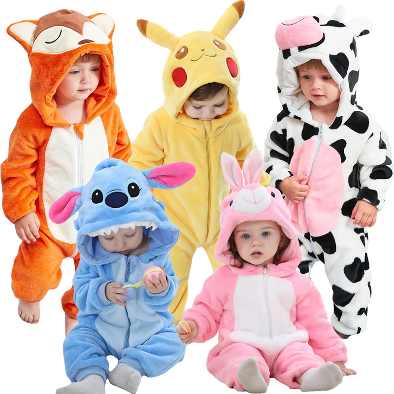 

Baby Cartoon Romper Newborn Hooded Inflant Clothing Boy Girl Pajamas Animal Onesie Jumpsuit Pikachu Costume Flannel Baby Rompers
