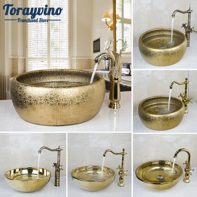 Luxury Washbasin Ceramic Basin Sink Faucet Tap Set Bathroom Luxury Washbasin Ceramic Basin Sink Faucet Tap Set Bathroom Round Paint Golden Bowl Sinks
