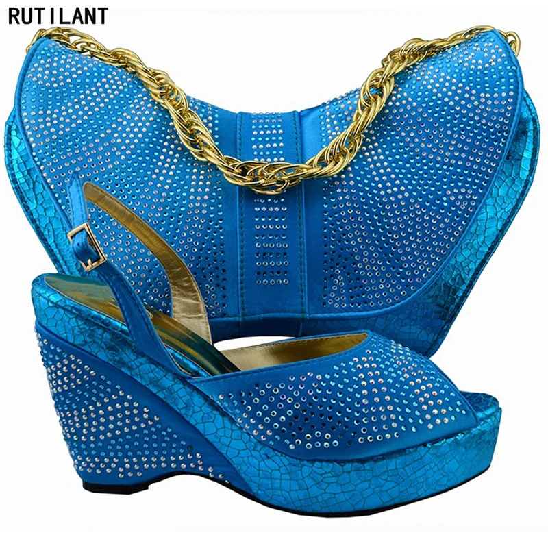 

New Blue Color Italian Shoes with Matching Bags Set Decorated with Rhinestone African Matching Shoes and Bags Italian In Women