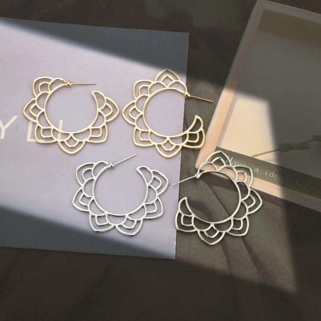 Vintage Ethnic Silver/Gold Color Hoop Earrings Charms Hollow Lotus Flower Earrings Bohemian Womens' Jewelry Accessories Gifts