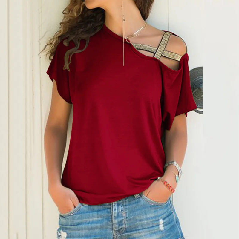 Women Plus Size Skew Neck Irregular Criss Cross Blouse Lady Patchwork Solid Tops Blusa Femme One Shoulder Summer Shirt Hollow