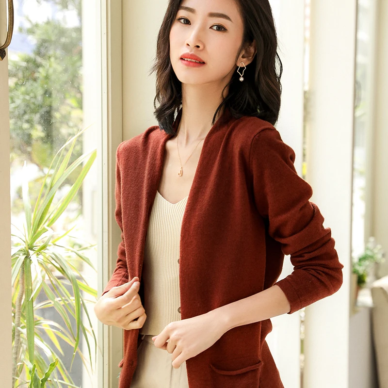LHZSYY New Cashmere Cardigan Women' V-neck Solid color Sweater Spring And Autumn Short Pocket Wool Knit Jacket Wild Female Shirt