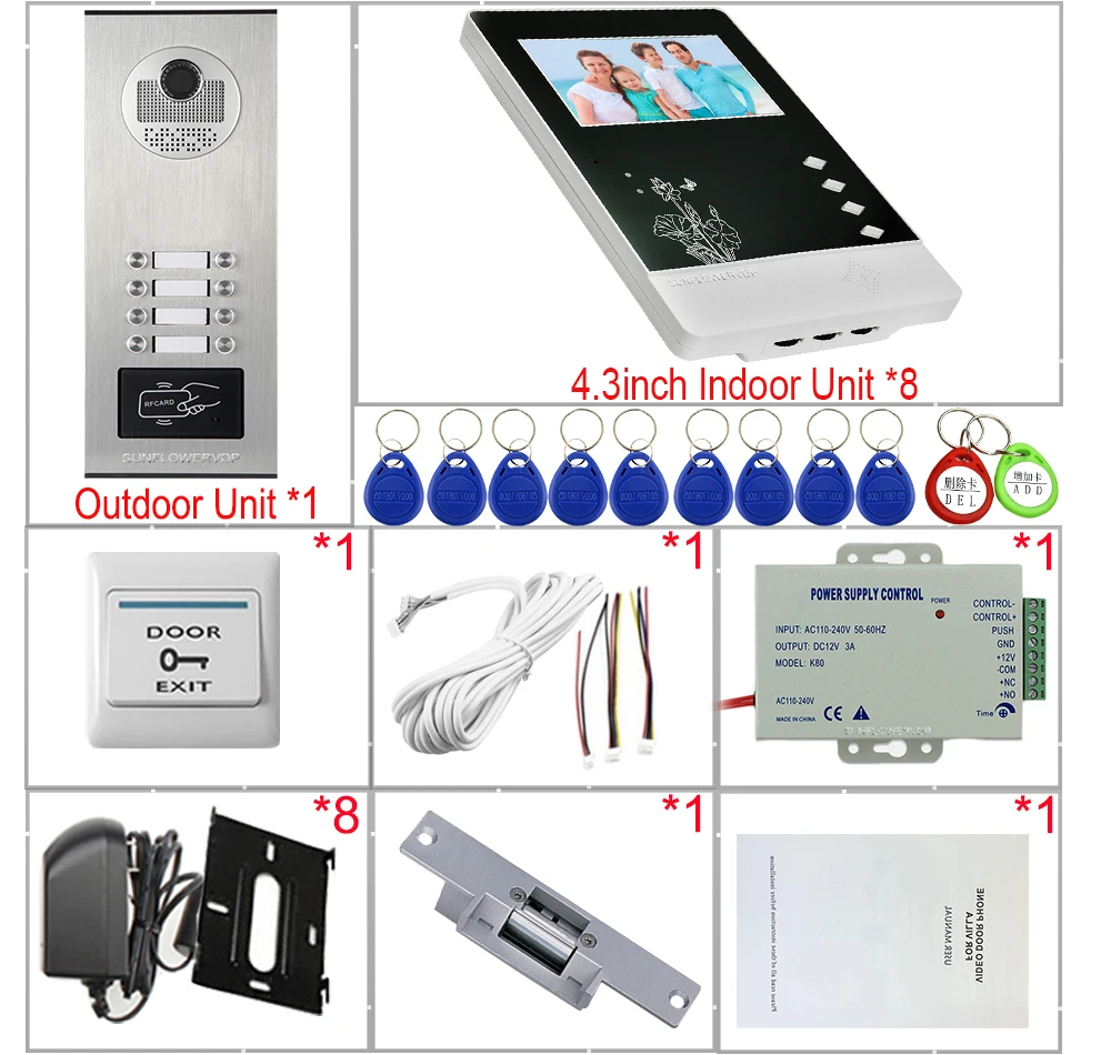 Видеодомофон 8 мониторов 4,3 ''цветные интеркомы для личных домов домофон на 8 кнопках видеодомофон с электрическим замком комплект