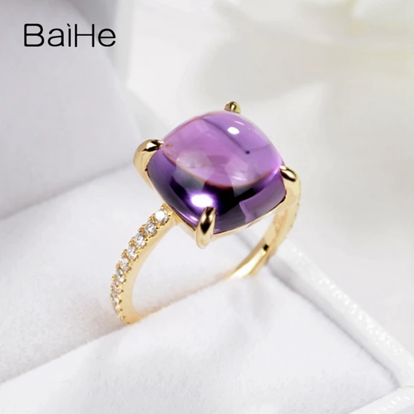 BAIHE, 14 карат, желтое золото, 5CT, сертифицированная Подушка, настоящий аметист, свадебные, круглые, 0.22ct, бриллианты, для женщин, Трендовое, хорошее ювелирное изделие, кольцо