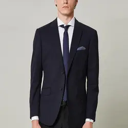 Деловой костюм на заказ, 2 предмета (куртка + брюки), темно-синий, полиэстер, узкий однобортный мужской костюм 2019