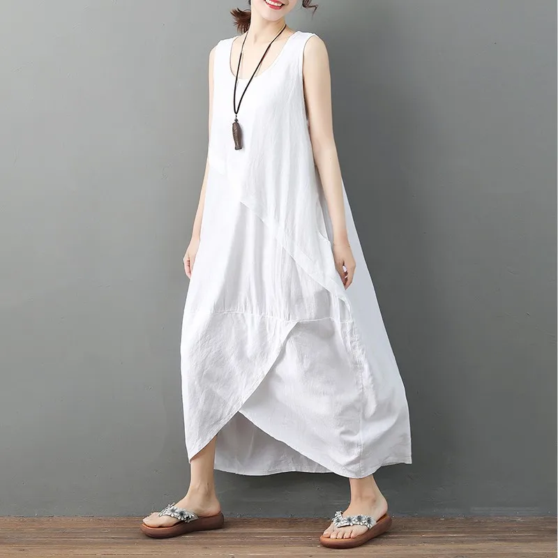 Summer Women Cotton Linen Sleeveless Tank Maxi Long Dress Irregularly ...