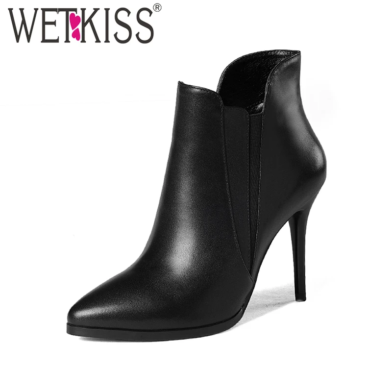 Goedkoop WETKISS Handgemaakte Lederen Dunne Hoge Hakken Enkellaars Vrouwen Schoenen Sexy puntschoen Zip Herfst Winter Laarzen Vrouwelijke Laars