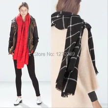 WJ65 200*85cm 2014 New Oversized Plaid Cape Shawl Winter Unisex Blanket Ponchos Tartan Scarf Red Black Free Shipping