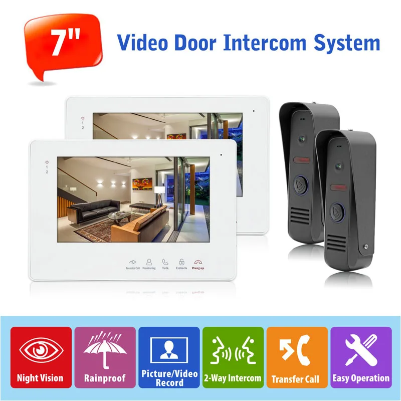 7 inch Touch Key Monitor English/Russian/French/Spanish/Japanese/Czech/Polish Wired Video Door Phone Intercom Systems,2 to 2