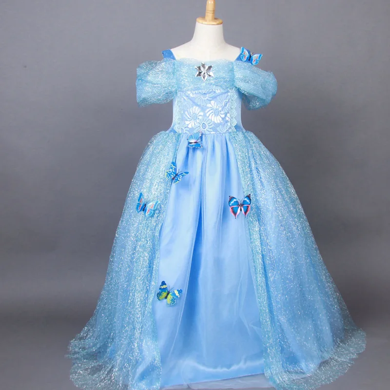 Girl Dress Cinderella Princess Costume Blue Butterfly Dress Long Grown Christmas