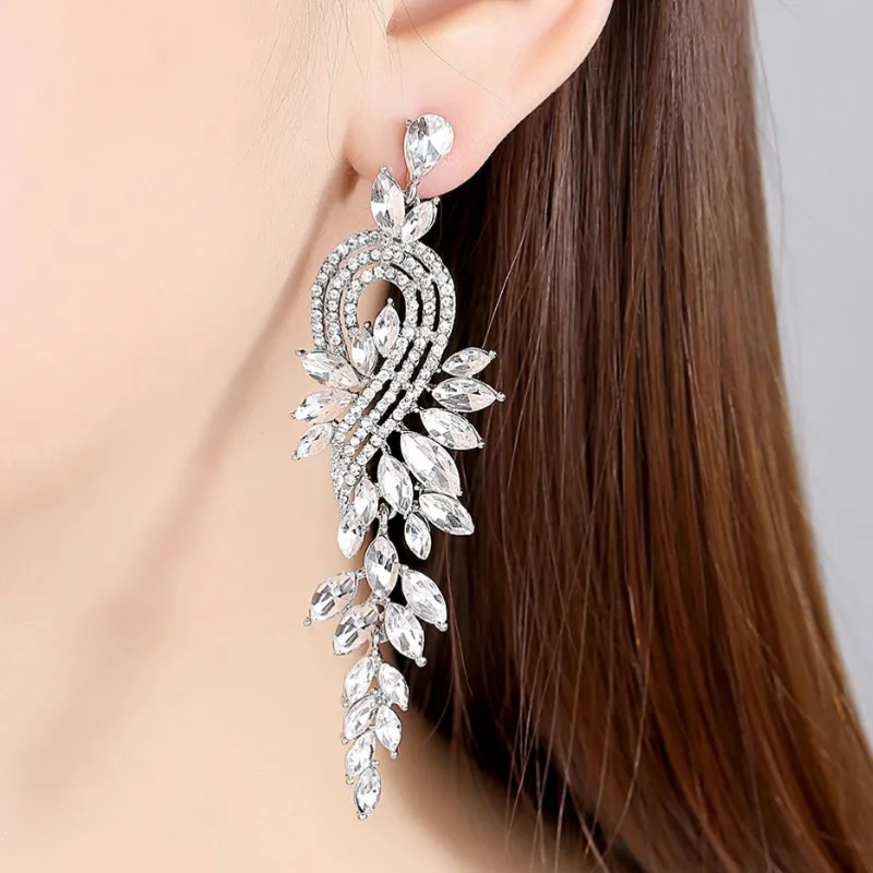 

Fashion Zircon Leaves Long Drop Earrings for Women Crystal Cross dangle Earrings Wedding Engagement Earrings Party Jewelry