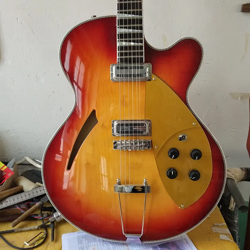 

2018 ricken Semi hollow Body Jazz Electric Guitar,Archtop Guitar Sun color Paint,Maple texture,2 Golden Pickguard