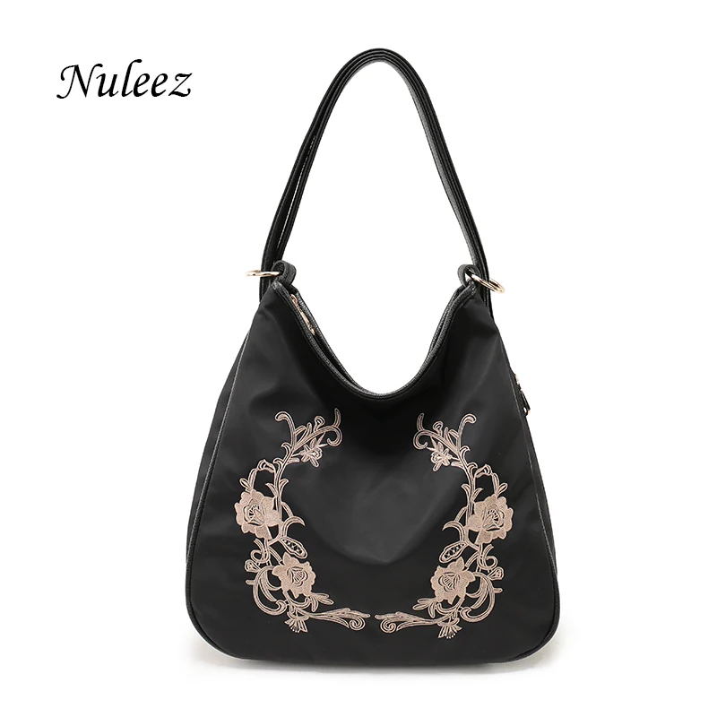 Nuleez/Водонепроницаемая нейлоновая сумка с вышивкой в виде цветка; женская кожаная сумка на плечо; повседневная женская черная сумка для мам; красивые сумки на выходные; 2601