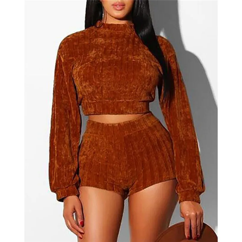 

2PC Women Ladies Solid O-Neck Long Sleeve female Casual Suit Sets Loungewear Suit Sexy Matching Short Crop Sets R17