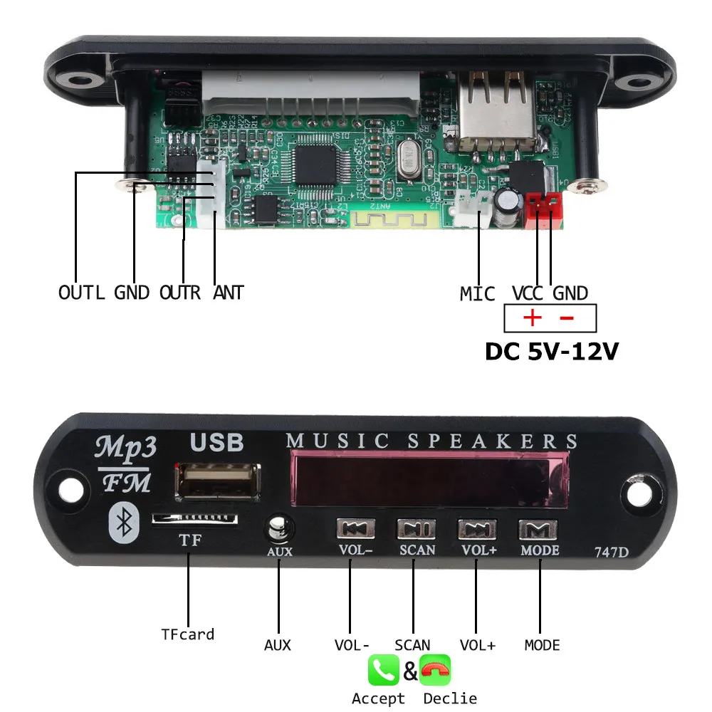 Автомобильный комплект громкой связи с Bluetooth, беспроводной fm-приемник, mp3-плеер, декодер, плата, USB 3,5 мм, музыкальный плеер, сделай сам, автомобильный динамик, модификация