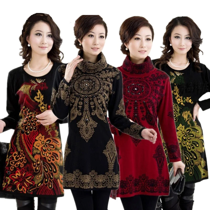 

Autumn Winter Women Cashmere Long Tunic Sweater Dress Woman O-neck Print Casual Pullover Knitwear Sweater Plus Size M~3XL