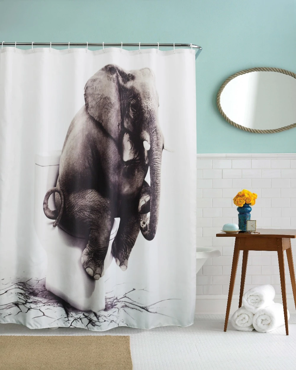 Qiyi Elephant Bathroom Shower Curtain Waterproof Polyester Fabric