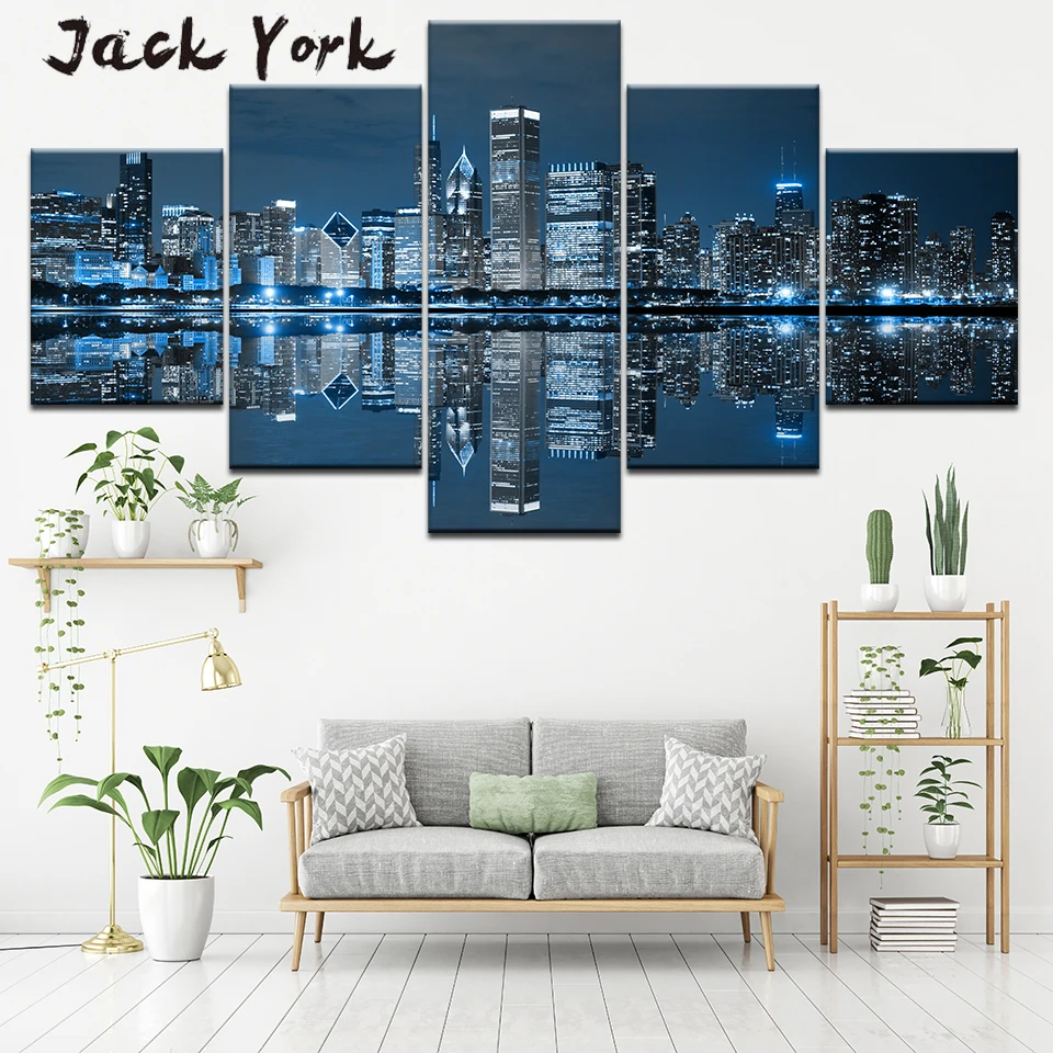 Canvas Painting Chicago Downtown at Night 5 Pieces Wall Art Modular Wallpapers Poster Print for living room Home Decor | Дом и сад