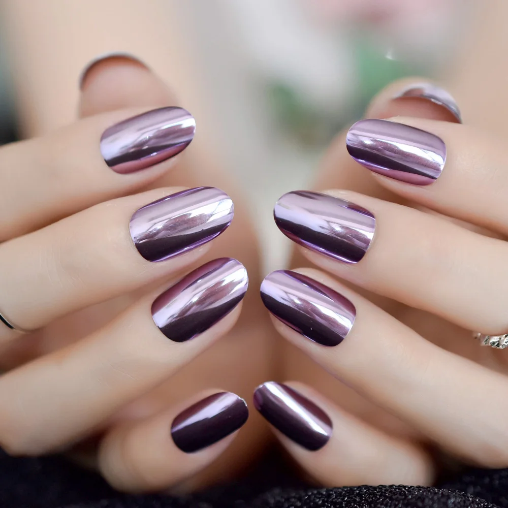 

Grape Purple Metallic Artificial Nail Tip Round Medium Full Cover Fake Nails Pure Simple Shiny Mirror Press On Nails
