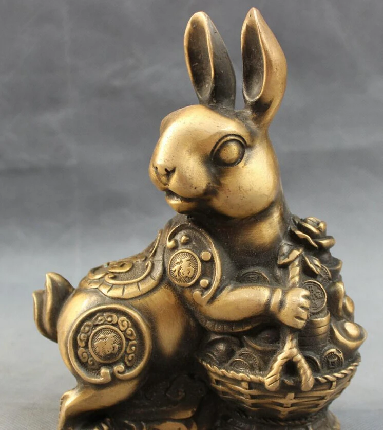 

S3485 Chinese Bronze Folk Year Zodiac Wealth Coin Fu Rabbit Statue Animals Sculpture D0317