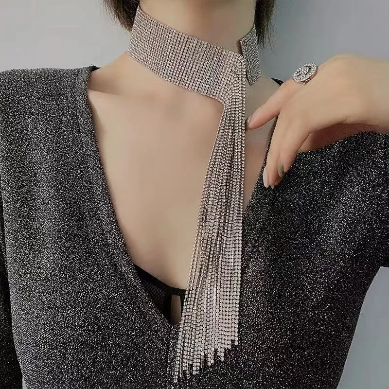 

Maxi Full Shiny Rhinestone Long Chain Tassel Choker Necklace For Women Fashion Jewelry Hot Sale Statement Necklace Accessories