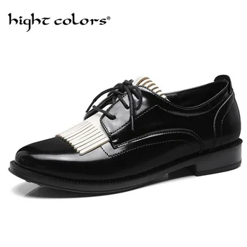 

2019 New Women's Shoes Fashion Vintage Tassel Low-Heeled Leather Oxfords For Women Lace Up Sqaure Heel Plus Size Shoes Woman