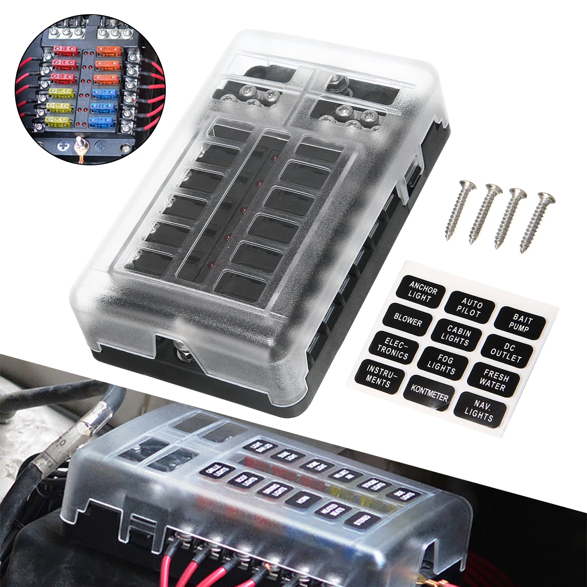 DC 32V 100A 12 Way Fuse Box Block Holder ATC ATO Blade LED Fuse Box with Screws&Labels For Car Marine Caravan