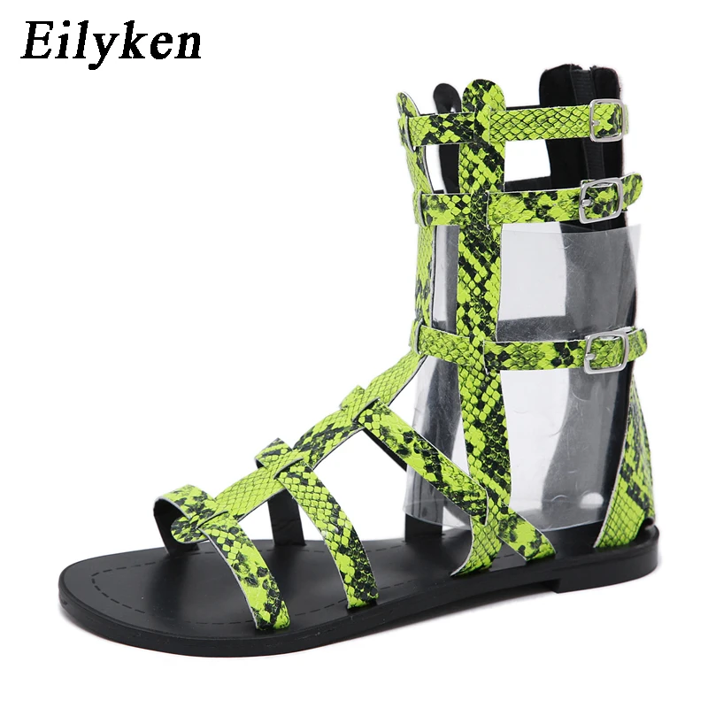 

Eilyken Summer New Women Roman Sandals Fluorescent Green Serpentine Open Toe Gladiator Sandals Boots Zipper Flat Casual Sandals