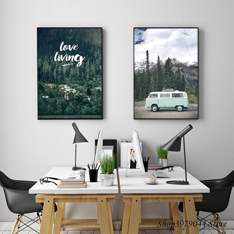 

Forest Poster Green Bus Posters And Prints Landscape Canvas Painting Nordic Decoration Home Wall Art Quadri Da Parete Unframed