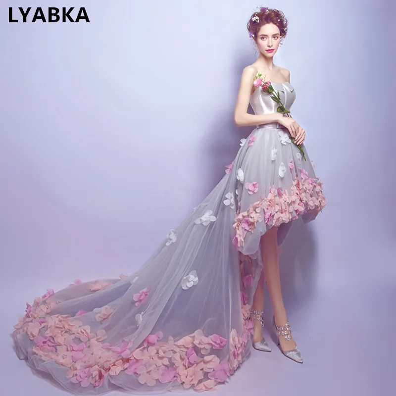 

Vintage High/Low Prom Dresses 2019 Vestido De Festa Strapless Formal Party Evening Gowns For Women Tulle With Flower Prom Dress