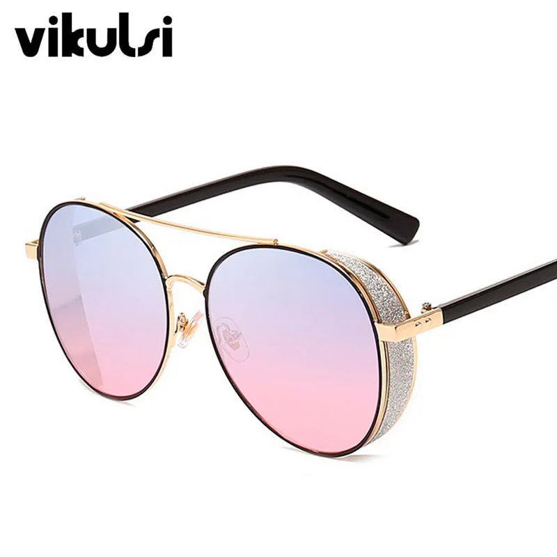 Новинка, итальянский бренд, дизайнерские металлические круглые солнцезащитные очки для женщин, модные блестящие солнцезащитные очки для пилотов, мужские, унисекс, негабаритные очки, мужские оттенки - Цвет линз: E38 blue pink