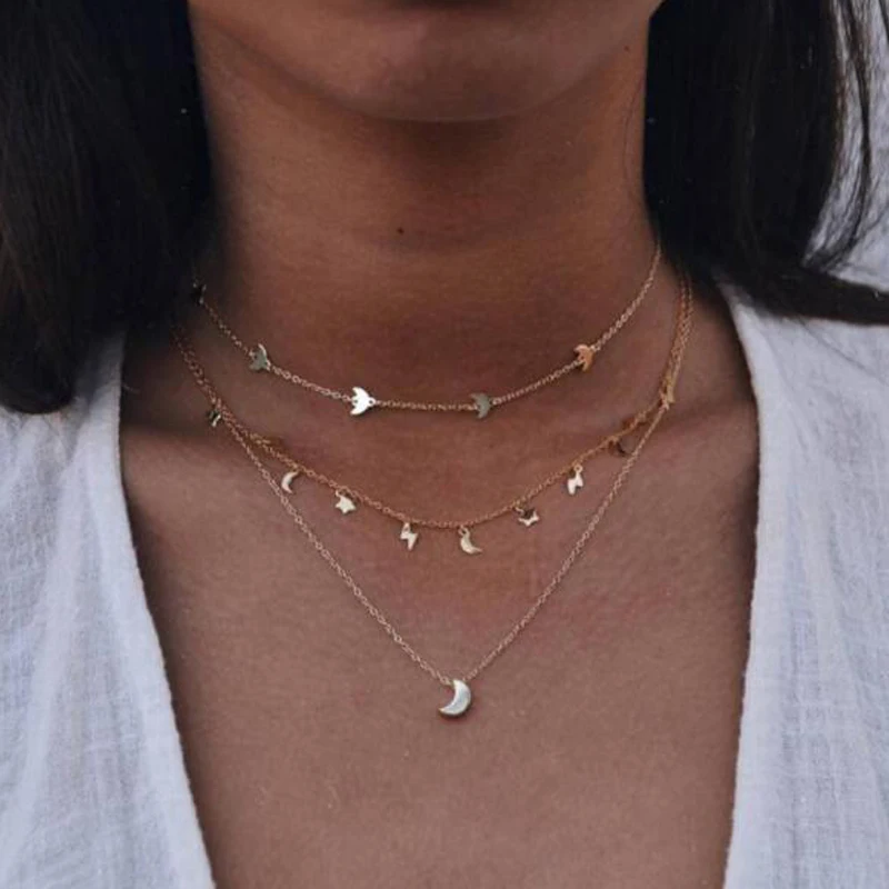 

docona Gold Color Star Moon Lightning Boho Necklace Women Multi Layer Chain Pendant Long Necklace Collares Jewelery B03102