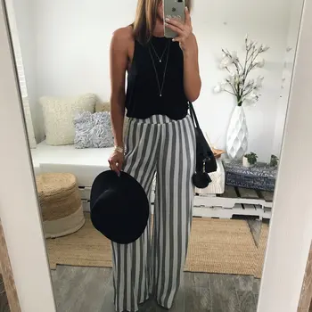 

Wide Leg Pants High Waist Trousers For Women Ladies Solid Long Loose Casual Striped Pants